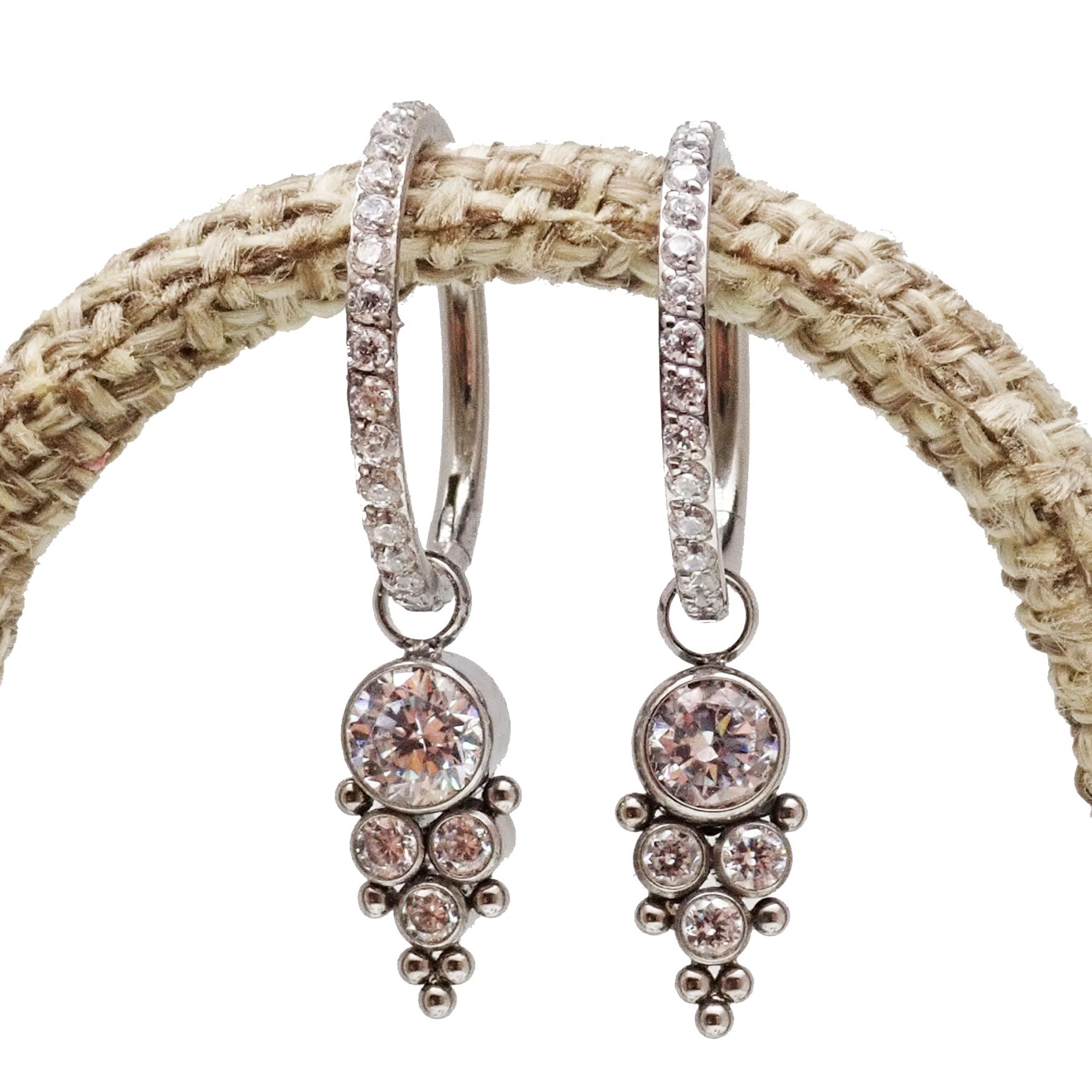 Titanium CZ charm hoop earrings in 16g and 18g with sparkling cubic zirconia accents, crafted by Body Clickers Body Jewelry.