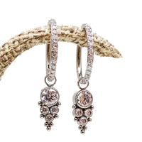 Titanium CZ charm hoops earrings in 16g and 18g, featuring sparkling cubic zirconia stones, by Body Clickers Body Jewelry.