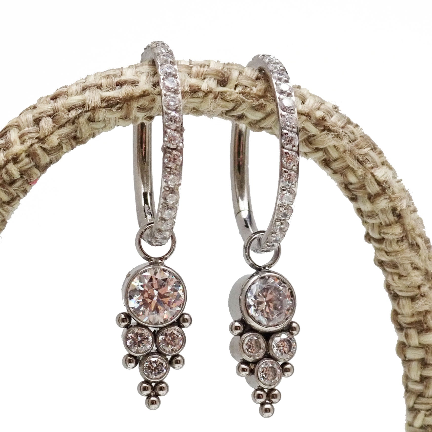 Titanium CZ charm hoop earrings in 16g and 18g with sparkling cubic zirconia accents, from Body Clickers Body Jewelry.