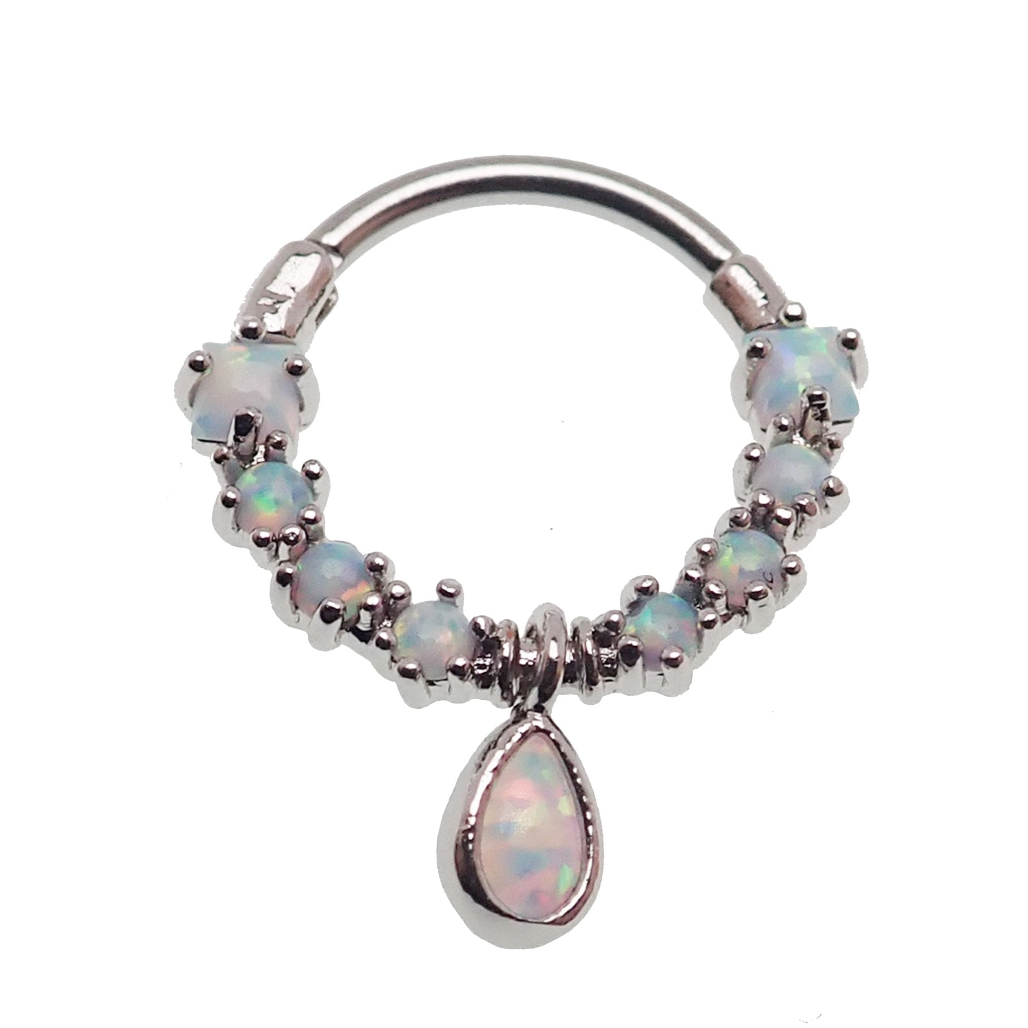 Gold Opal Tear Drop Septum Steel Clicker, 16g body jewelry with a stylish tear drop design and secure clicker closure.