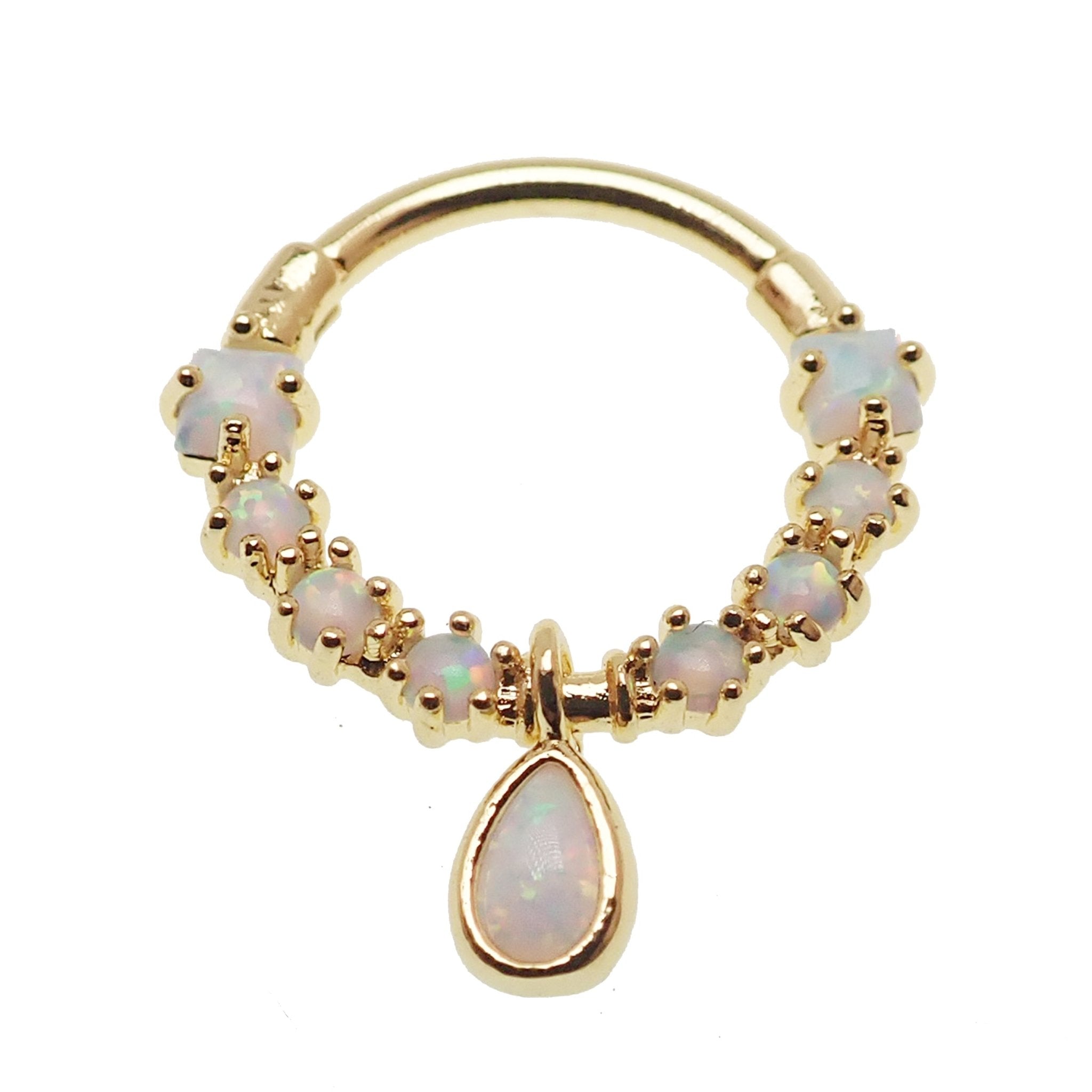 Gold steel Opal tear drop septum clicker body jewelry in 16g with 8mm design, featuring a stylish and elegant teardrop shape.
