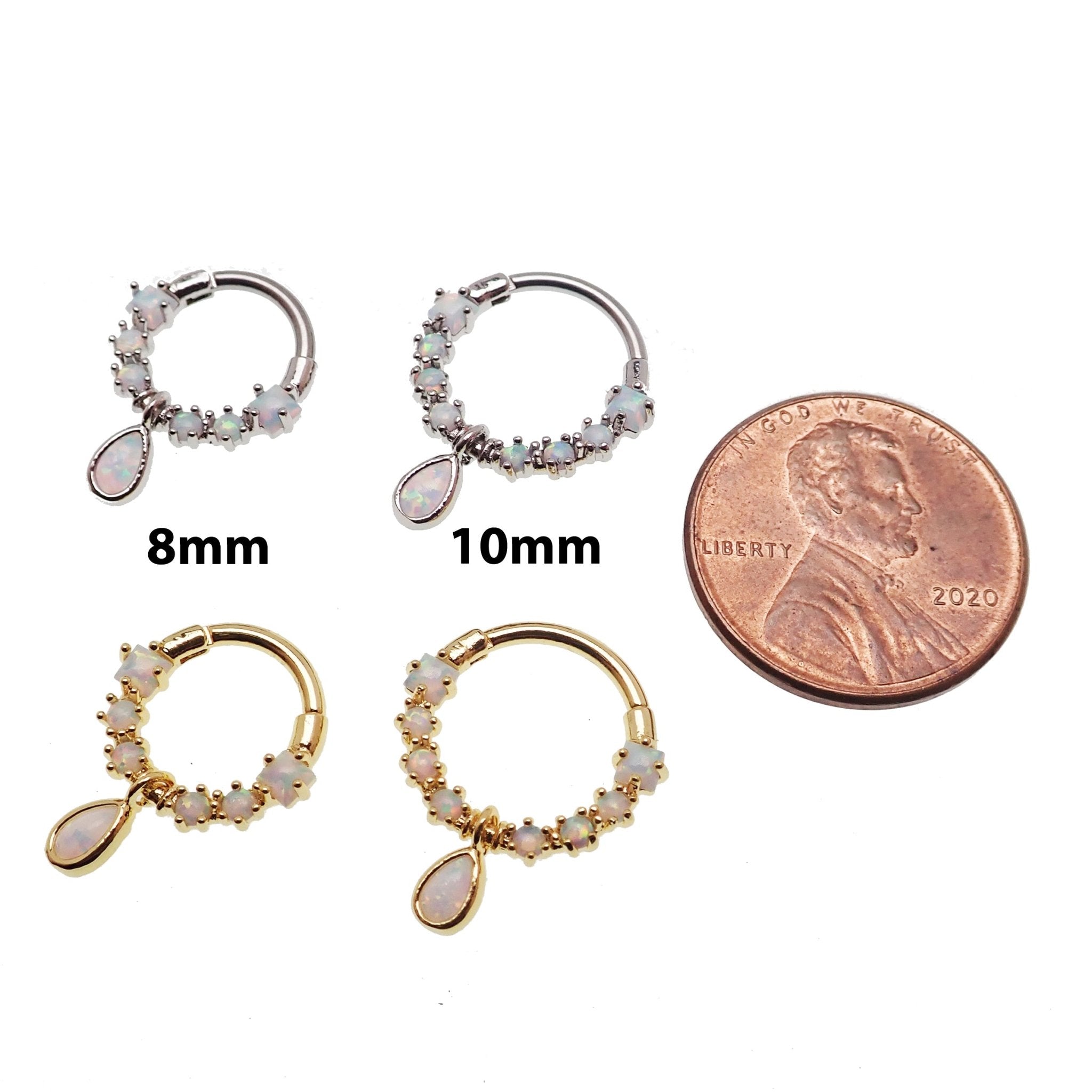 Gold steel septum clicker with opal tear drop charm, 16g body jewelry by Body Clickers, featuring a stylish and secure design.