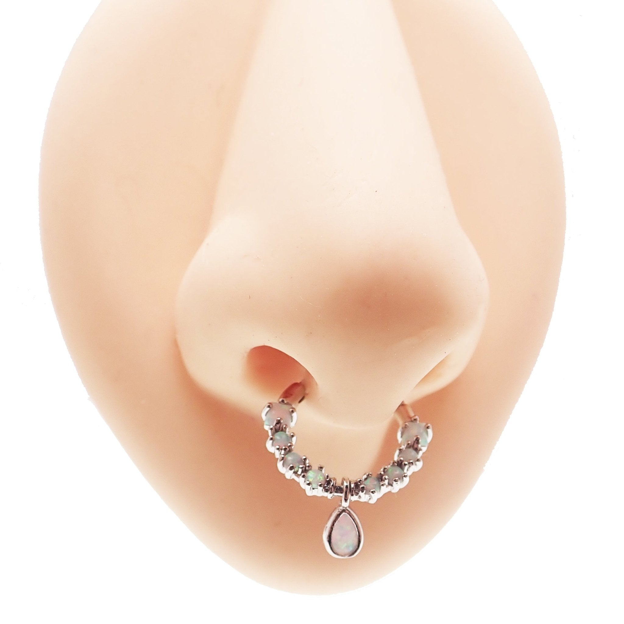 Opal tear drop septum steel clicker body jewelry in 16g with gold finish and 8mm opal tear drop design.