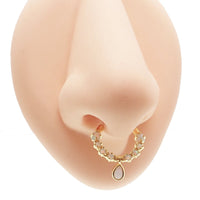 Gold steel Opal tear drop septum clicker body jewelry, 16g septum piercing accessory with a stylish tear drop design.