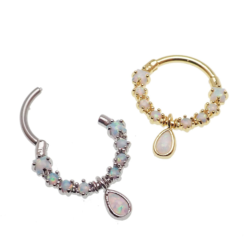 Gold steel Opal Tear Drop Septum Body Jewelry by Body Clickers, 16g clicker with 8mm opal tear drop design.