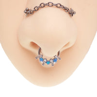 Blue opal and clear CZ surgical steel clicker body jewelry in 16g with gold accents, designed for body piercing.