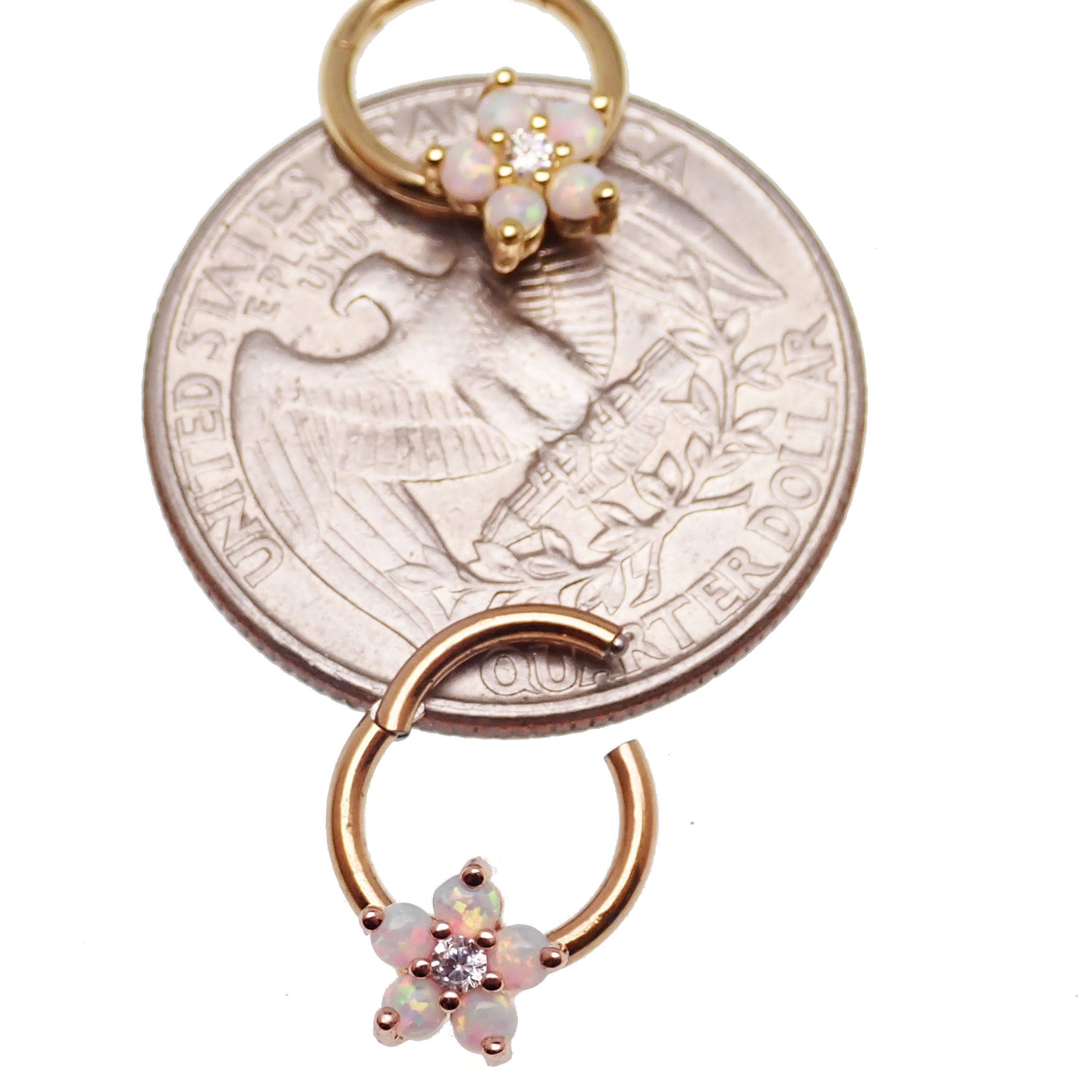 Gold Flower Opal Clicker Hoop 8mm 16g by Body Clickers Body Jewelry, featuring a floral design and colorful opal accents.