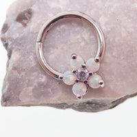 Gold Flower Opal Clicker Hoop in 8mm, 16g, body jewelry with floral design and sparkling opal accent.