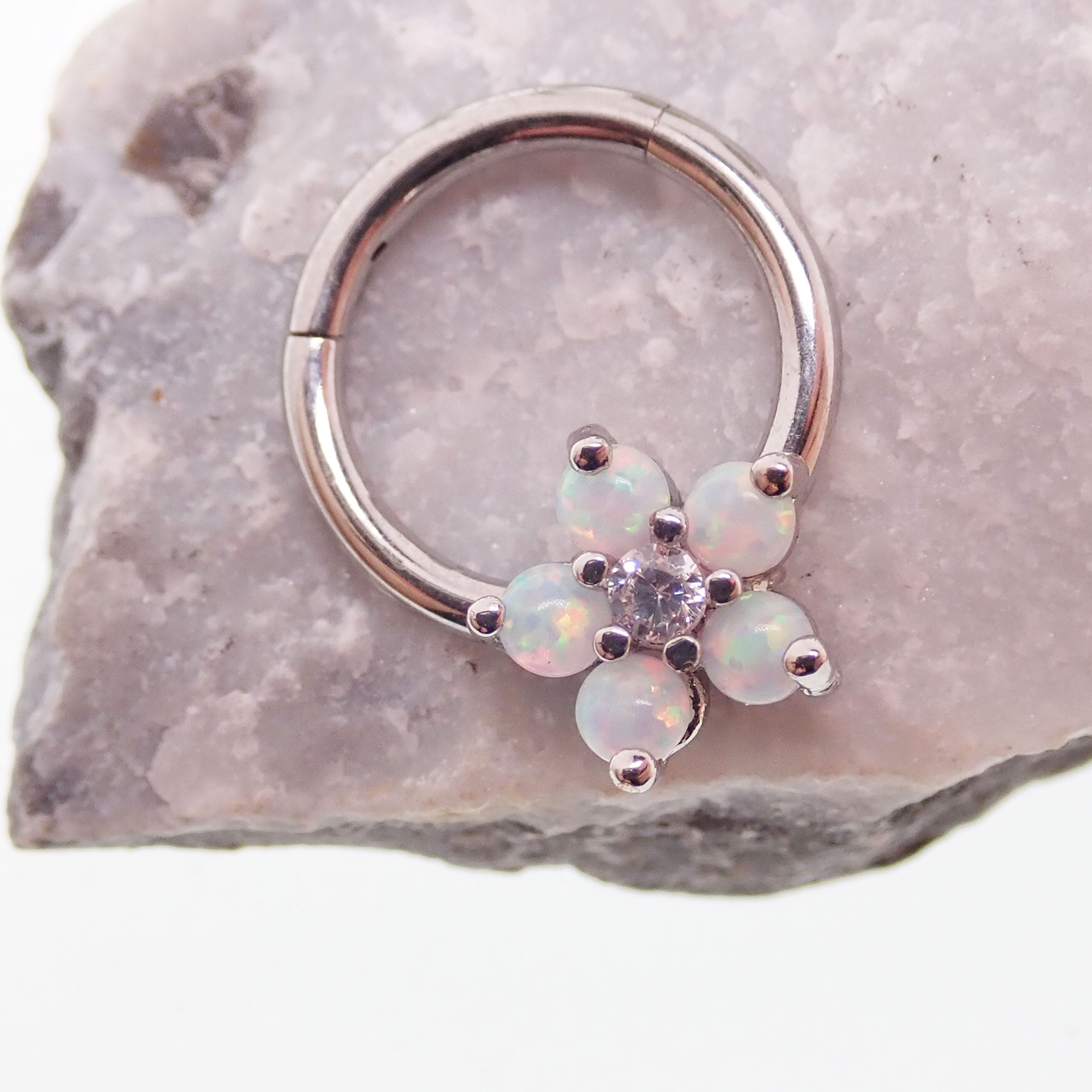 Gold Flower Opal Clicker Hoop in 8mm, 16g, body jewelry with floral design and sparkling opal accent.
