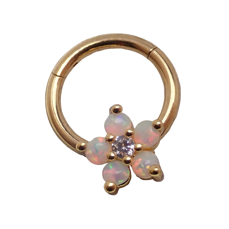 Gold Flower Opal Clicker Hoop in 8mm, 16g body jewelry featuring a delicate floral design and vibrant opal stone.