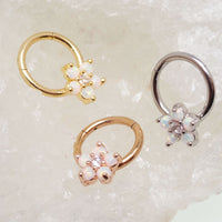 Gold Flower Opal Clicker Hoop earring, 8mm diameter, 16g body jewelry with floral design and opal accent.