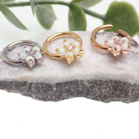 Gold Flower Opal Clicker Hoop earring, 8mm diameter, 16 gauge, body jewelry with floral and opal details.