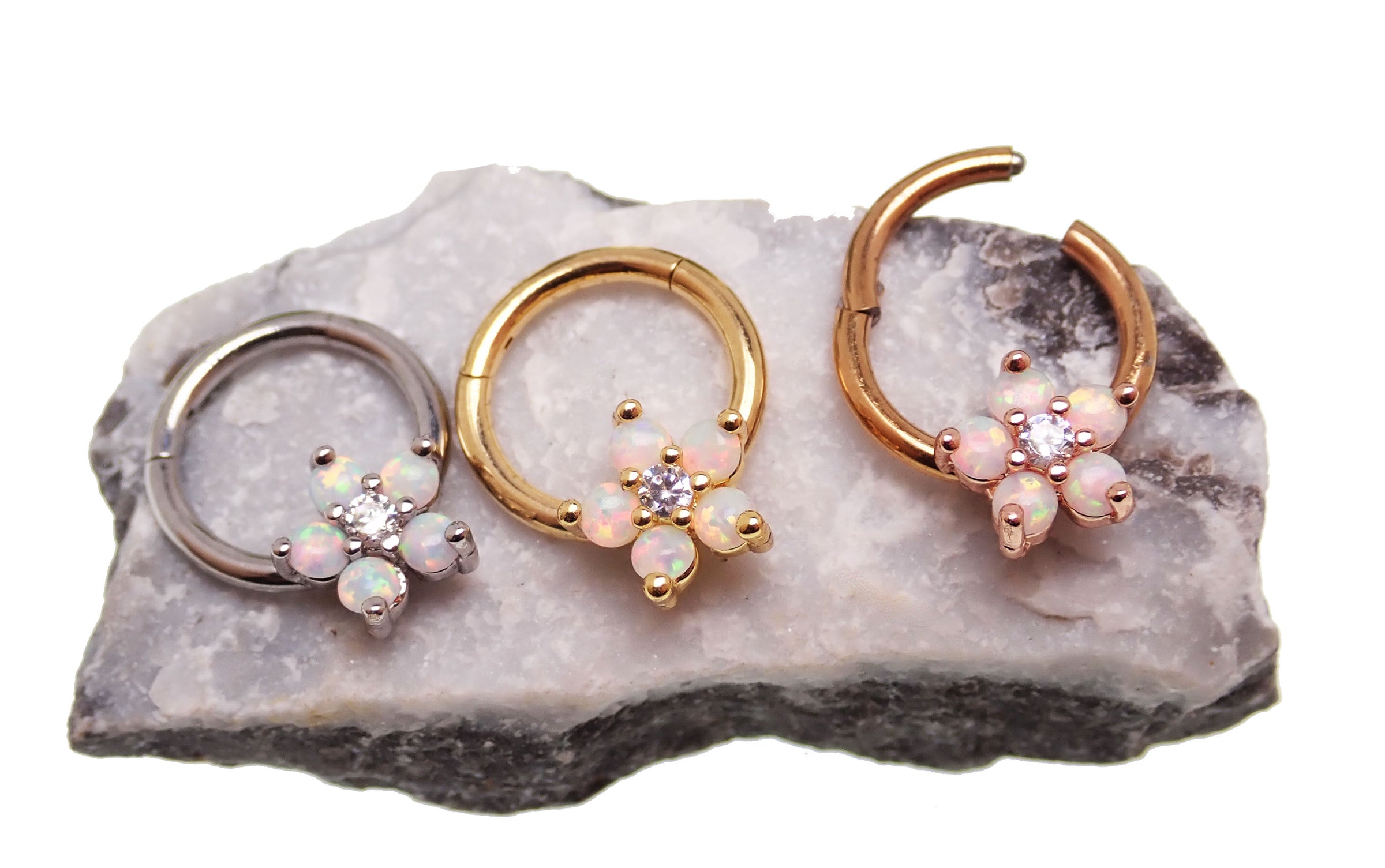 Gold Flower Opal Clicker Hoop earring, 8mm diameter, 16g body jewelry with floral design and opal accent.