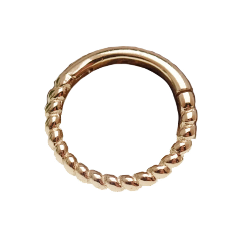 Gold and rose gold 14k gold twisted 8mm clicker body jewelry in 16g with intricate design from Body Clickers
