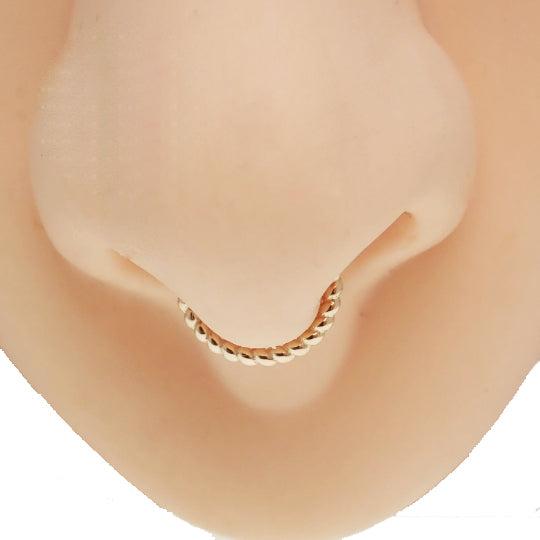 Gold and rose gold 14k twisted 8mm clicker body jewelry in 16g gauge, featuring a stylish twisted design.