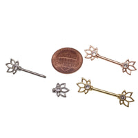 Gold, rose gold, and silver steel nipple bar body jewelry in 14g with a sleek, polished design for body piercing accessories.