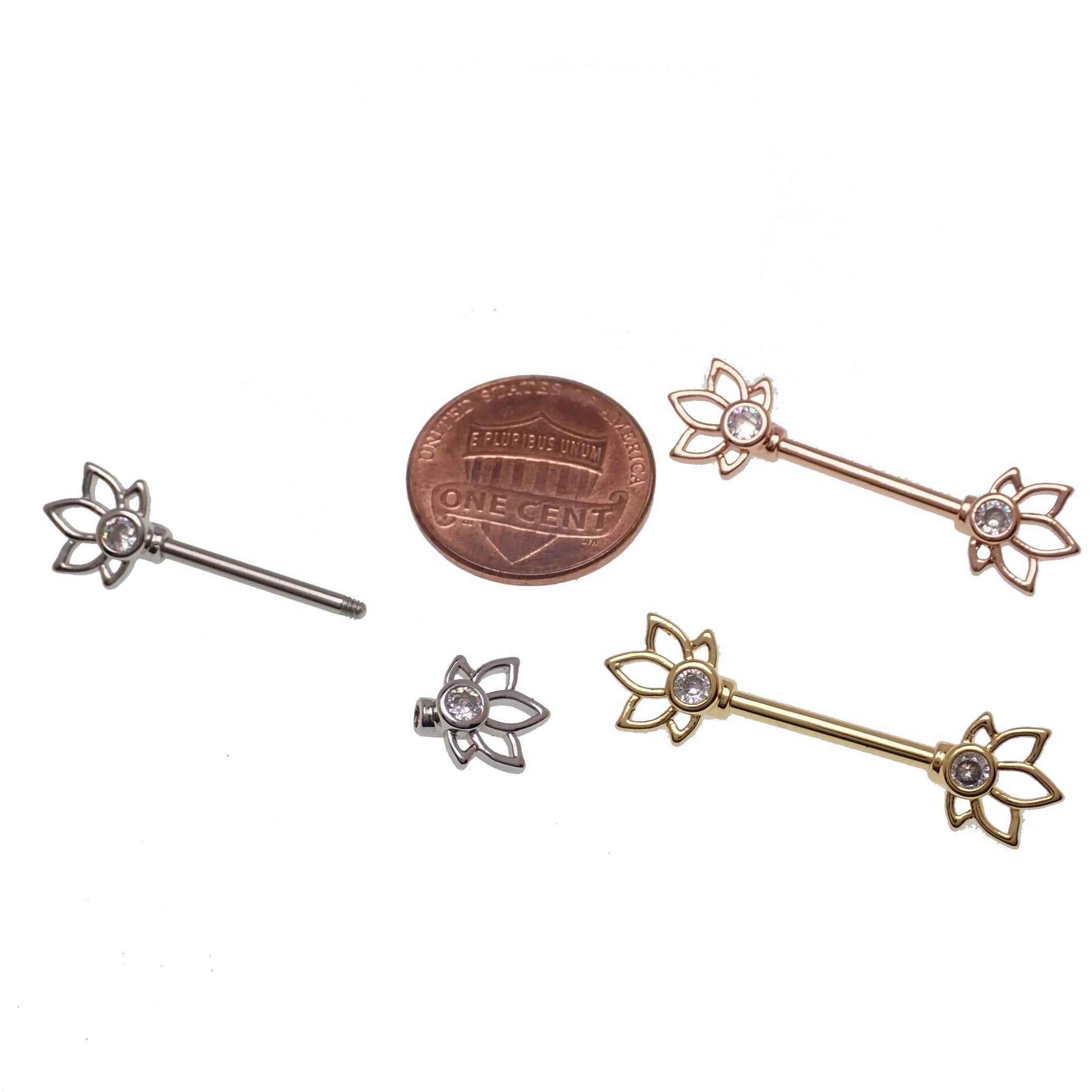 Gold, rose gold, and silver steel nipple bar body jewelry in 14g with a sleek, polished design for body piercing accessories.