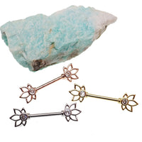 Gold, rose gold, and silver steel nipple bar in 14g body jewelry by Body Clickers, displayed with shiny finish and curved design.