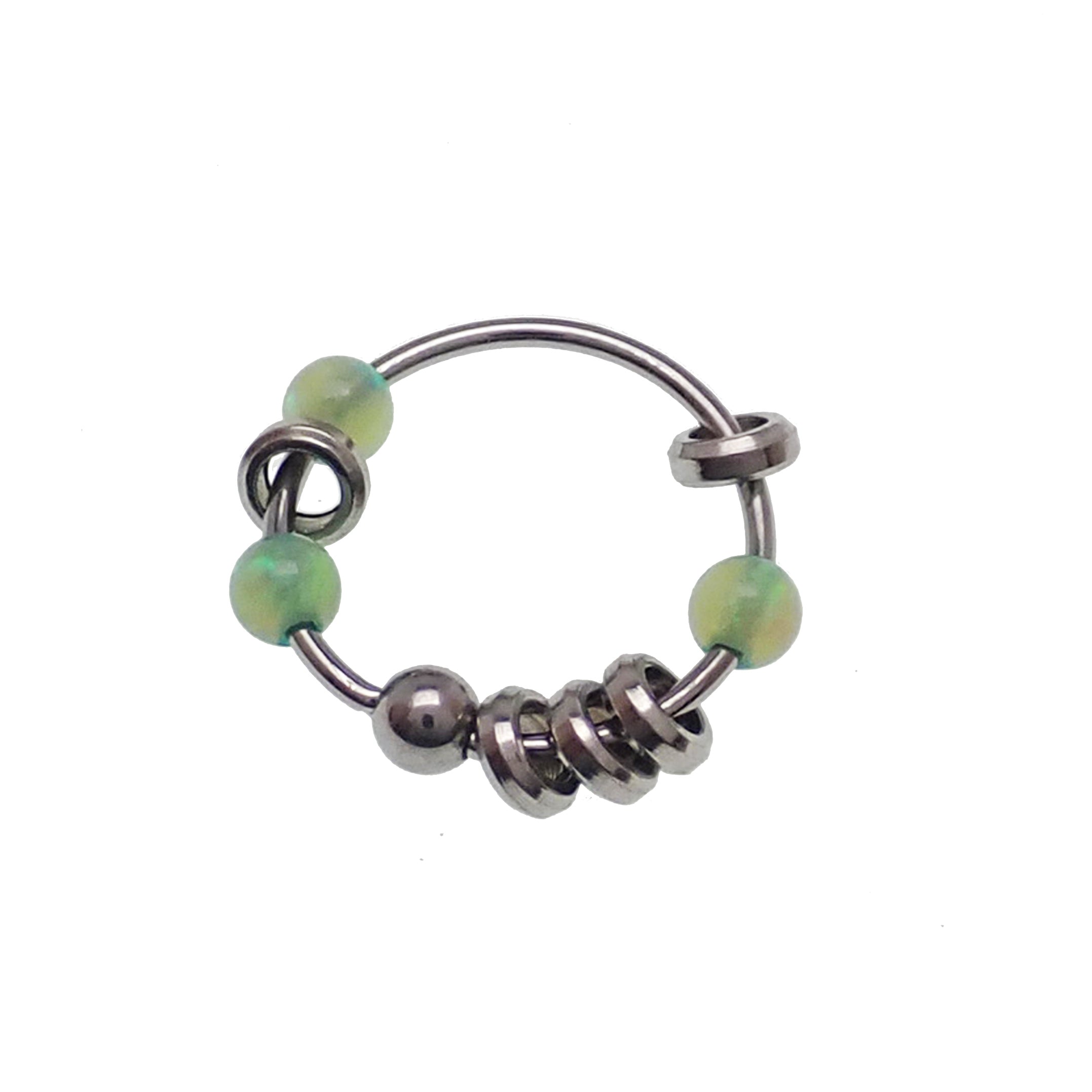 Steel body jewelry ring with assorted attachments, 22g, by Body Clickers, featuring a green 8mm steel ring with decorative elements.