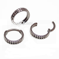 Engraved double row hinged clicker body jewelry in 16g with 8mm width, featuring detailed design and silver finish.