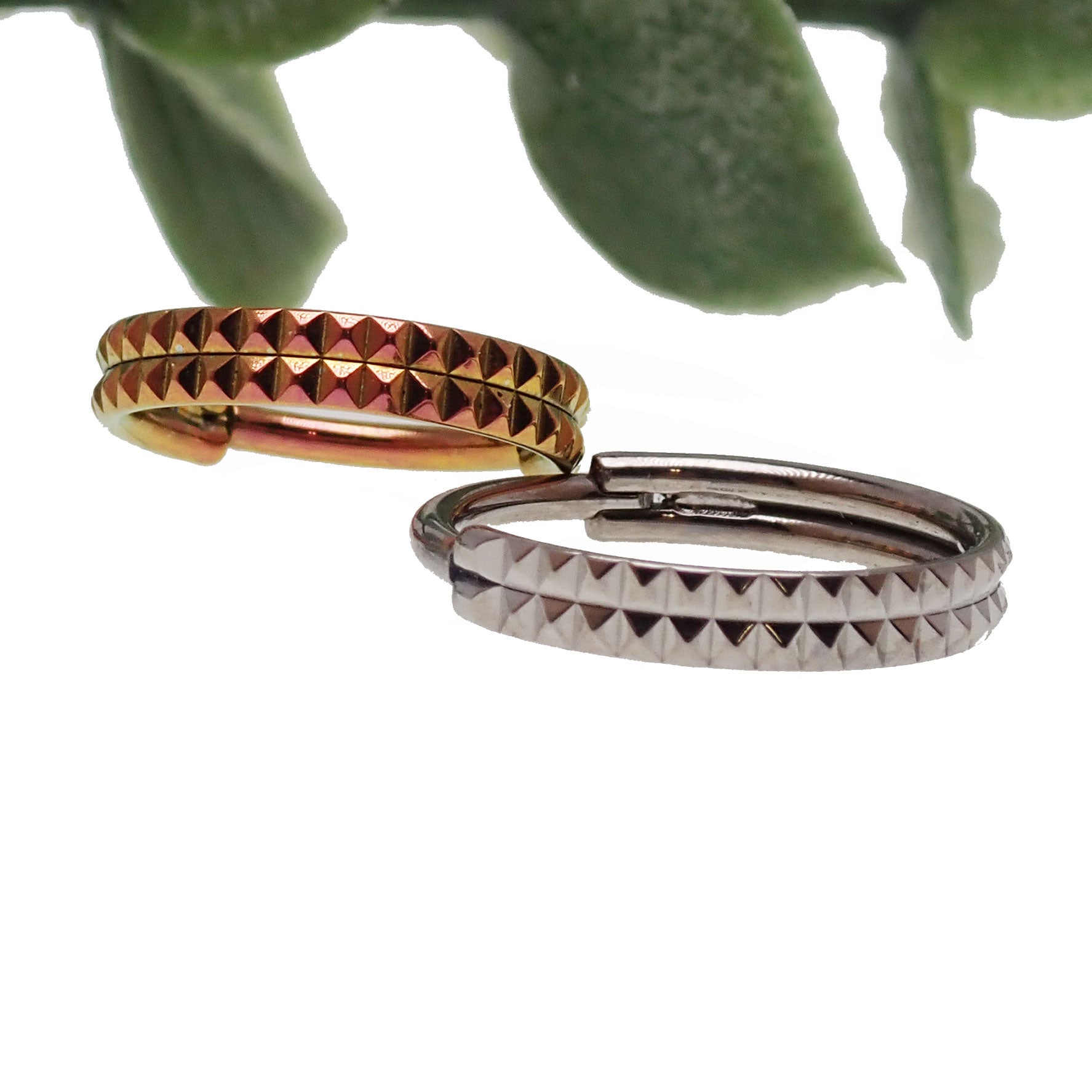 Hinged engraved double row clicker body jewelry in 16g with 8mm size, featuring detailed engraved design, from Body Clickers.