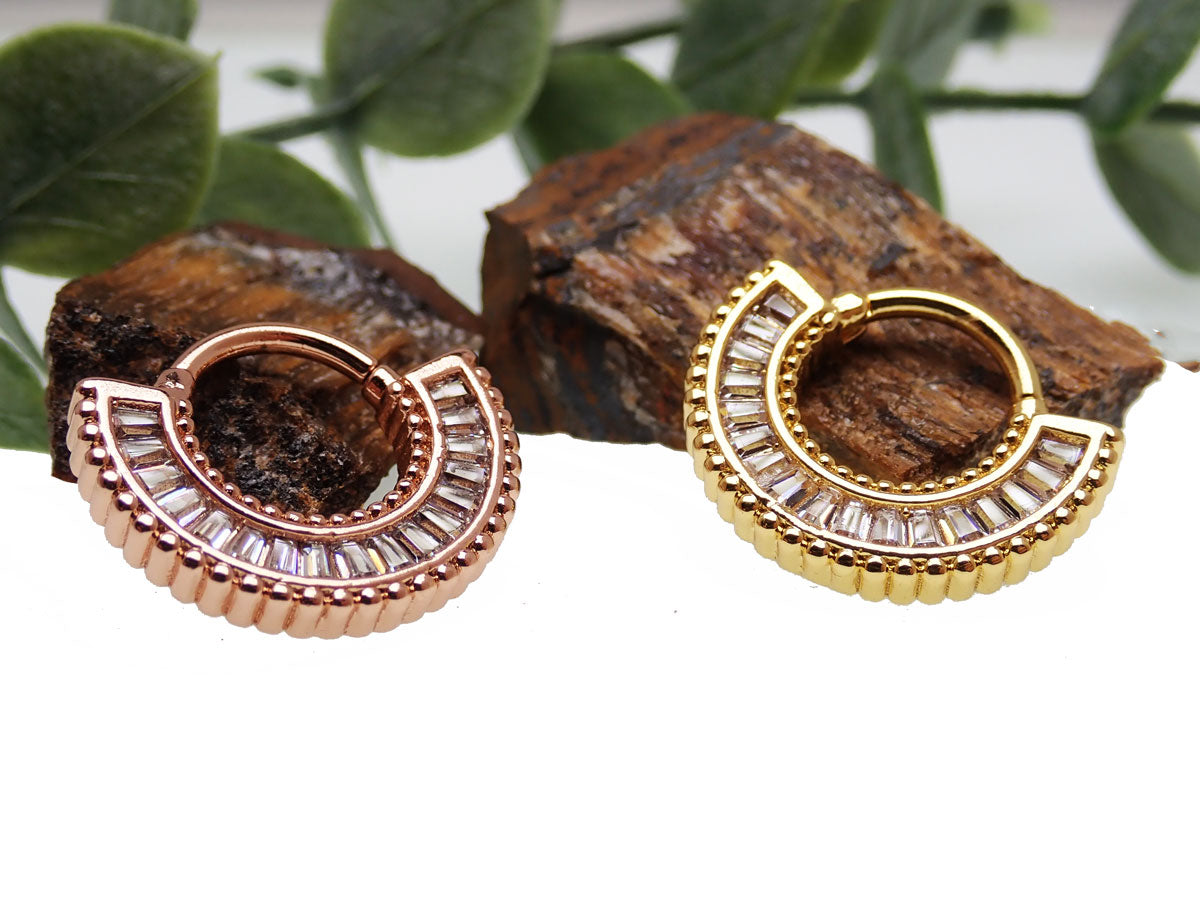 Hinged 16g Body Clickers daith and septum jewelry with stacked CZ stones, designed by Body Clickers Body Jewelry.