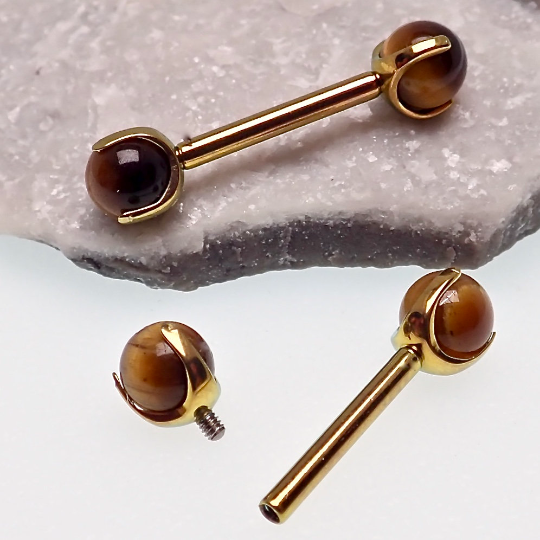 Tiger's Eye industrial piercing by Body Clickers Body Jewelry, 14g steel industrial piercing with 25mm length.