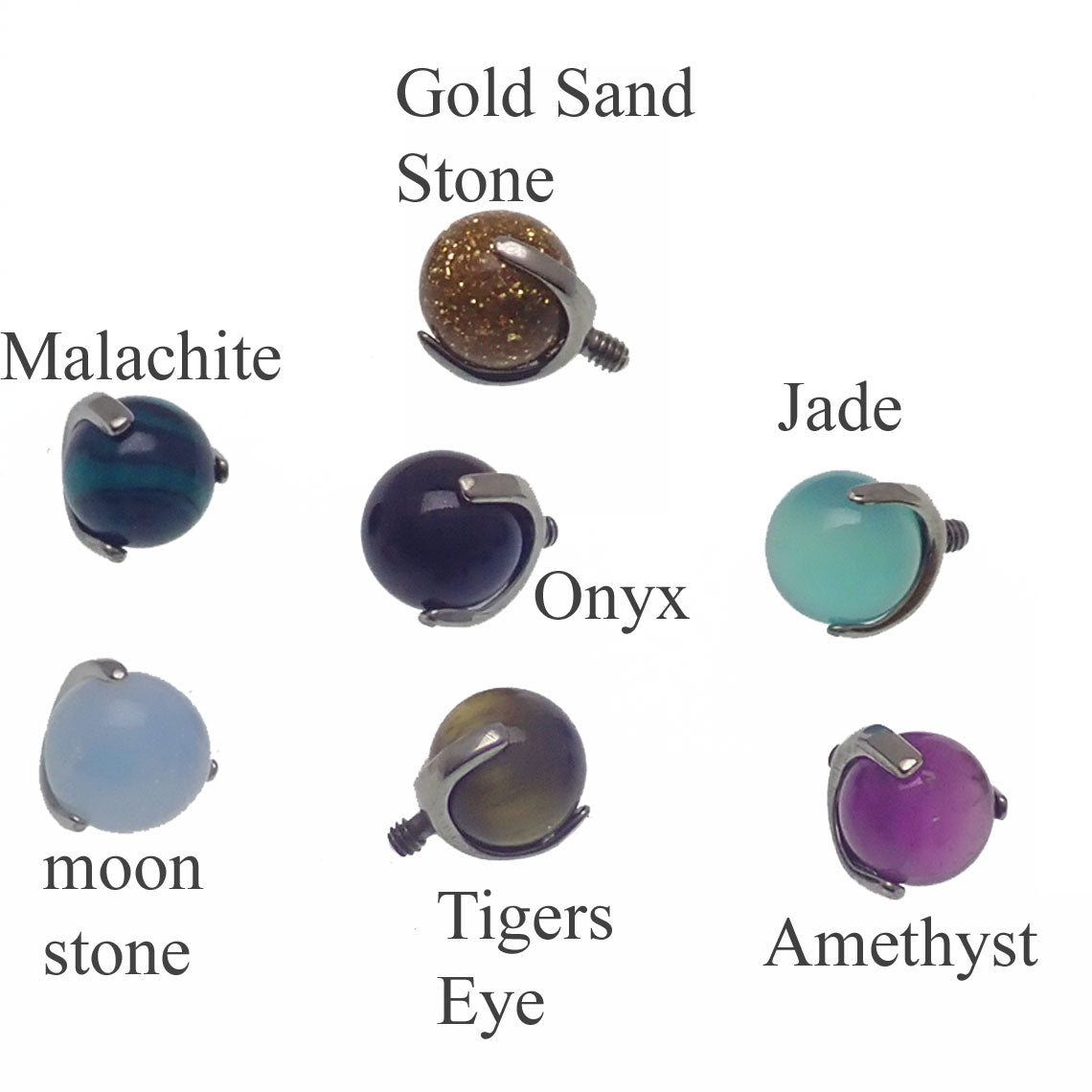 Natural stone 14g body jewelry balls with titanium base by Body Clickers, featuring jade-colored stones for body piercing.