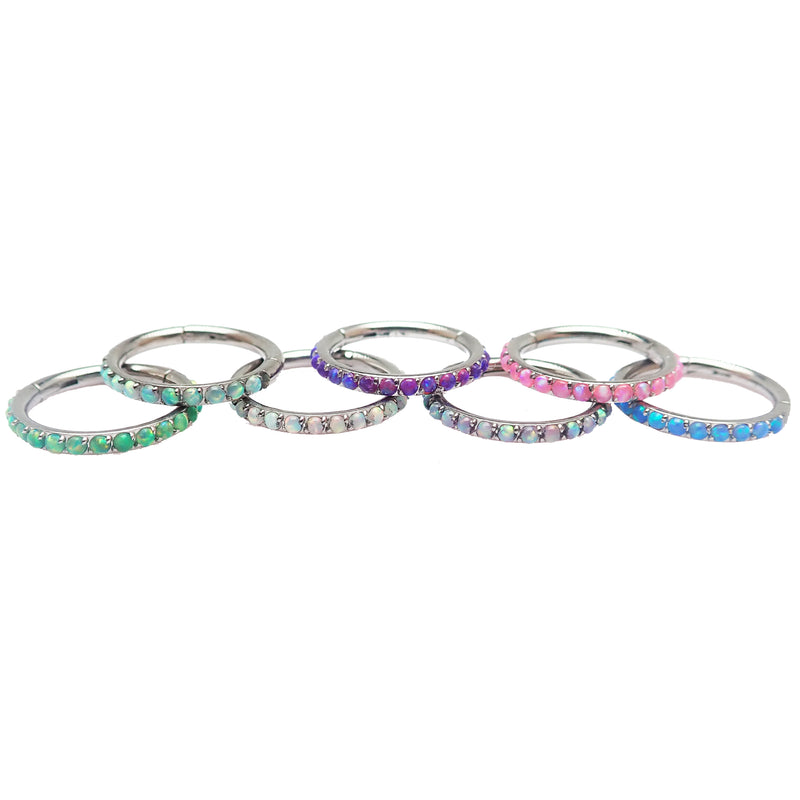 Opal inlaid 8mm green body jewelry clicker by Body Clickers, 16g, with a sleek design and vibrant kiwi-green opal inlay.