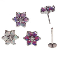 Lavender surgical steel push-fit body jewelry with opal flower design by Body Clickers