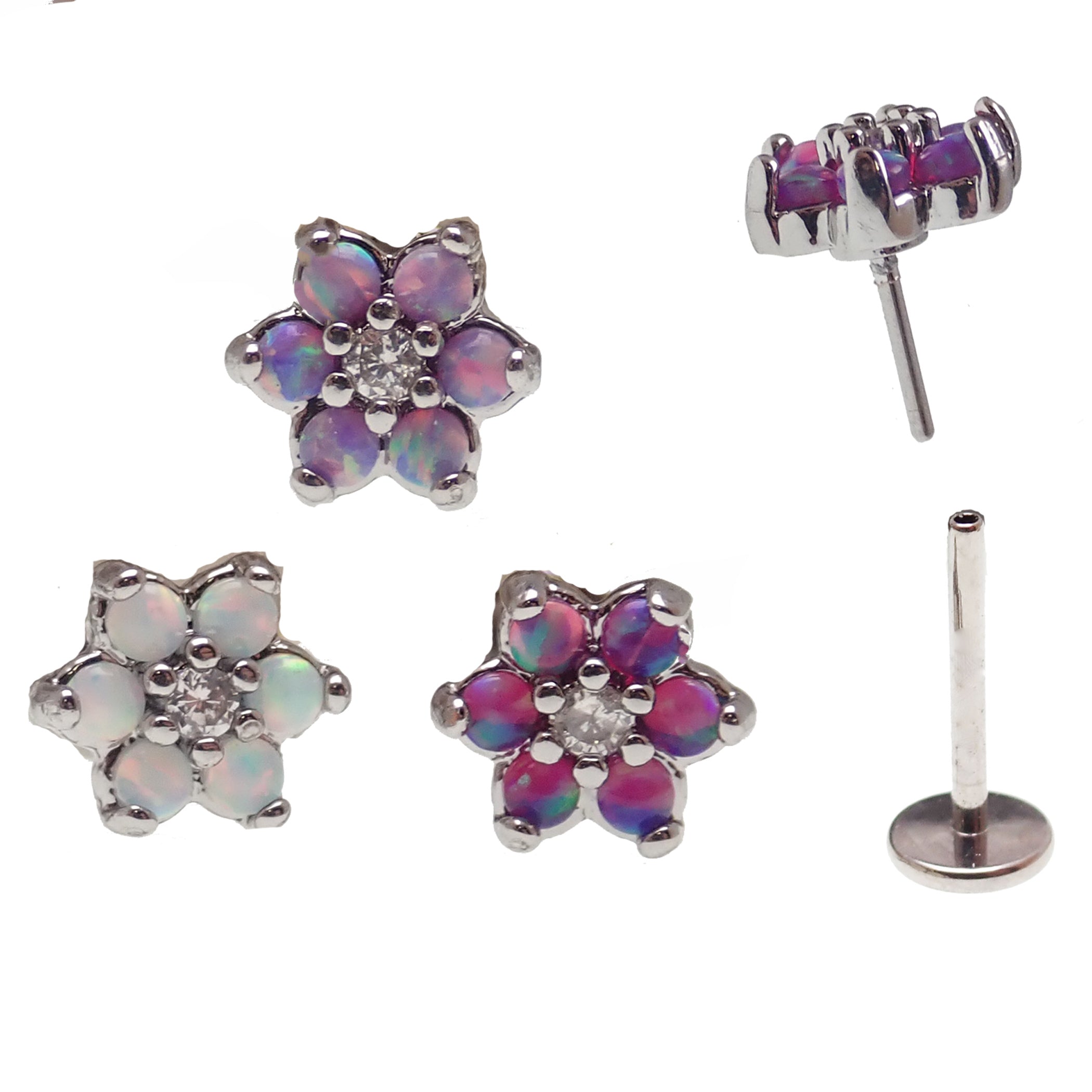 Lavender surgical steel push-fit body jewelry with opal flower design by Body Clickers
