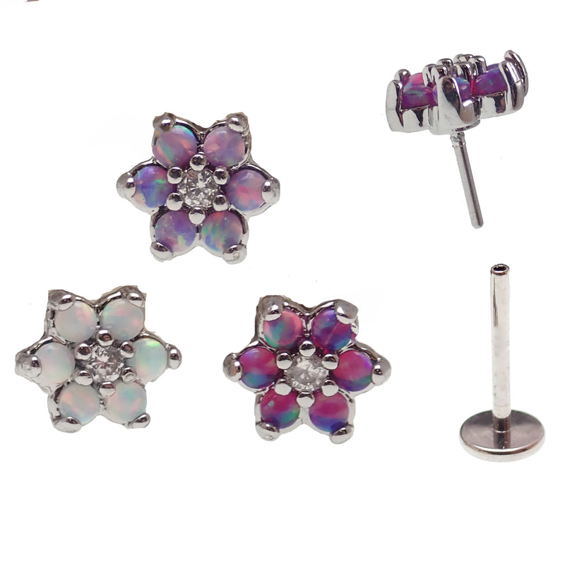 Lavender surgical steel push-fit body jewelry with opal flower design by Body Clickers
