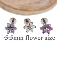 Lavender surgical steel push fit body jewelry with opal flower design by Body Clickers, 6mm size.