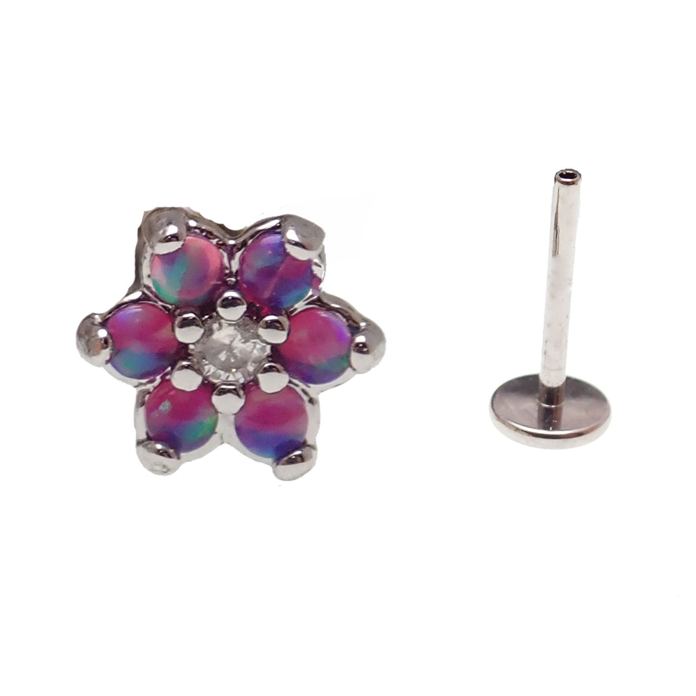 Lavender surgical steel push fit body jewelry with opal flower design, 6mm size, by Body Clickers.
