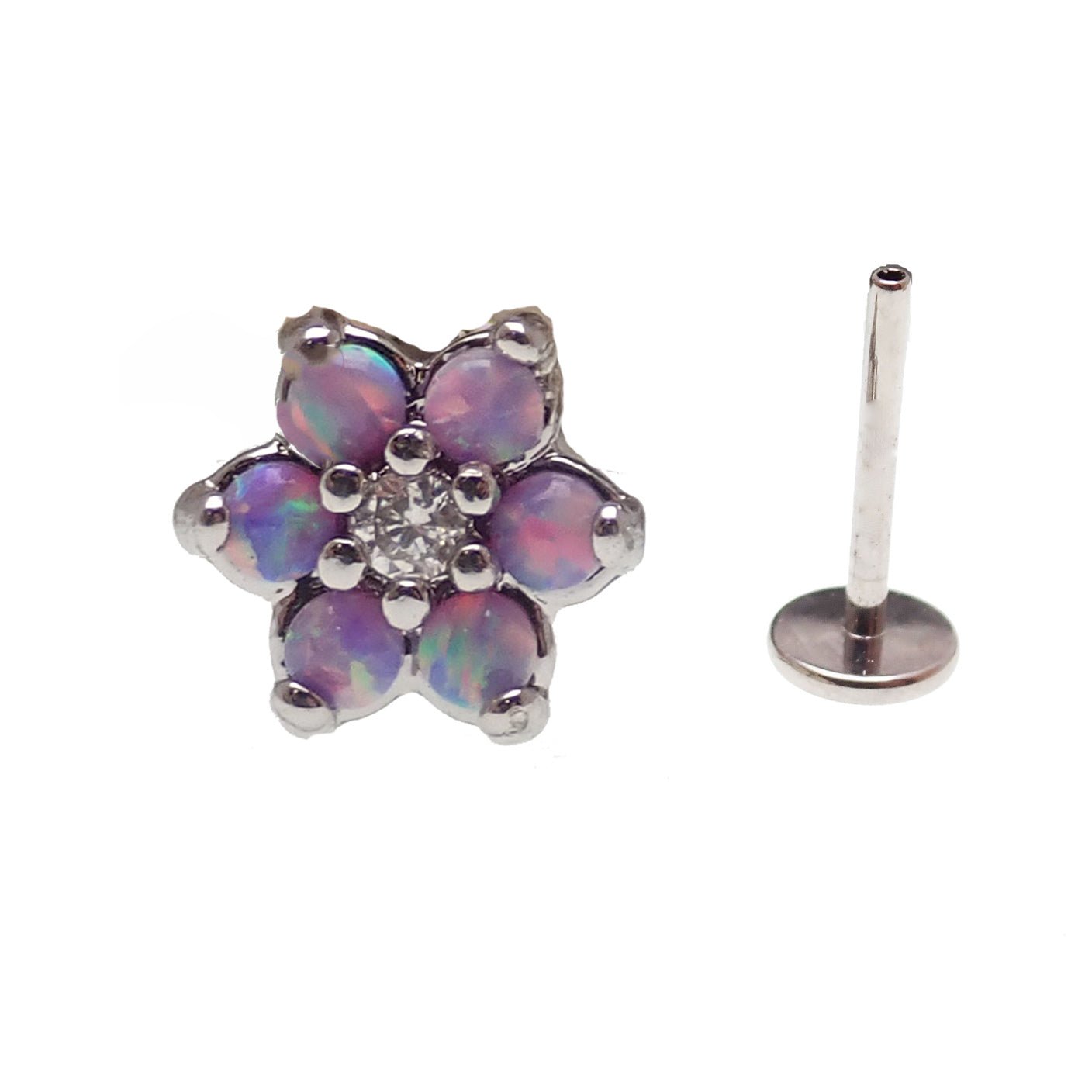 Lavender surgical steel push fit body jewelry with a 6mm opal flower design by Body Clickers.