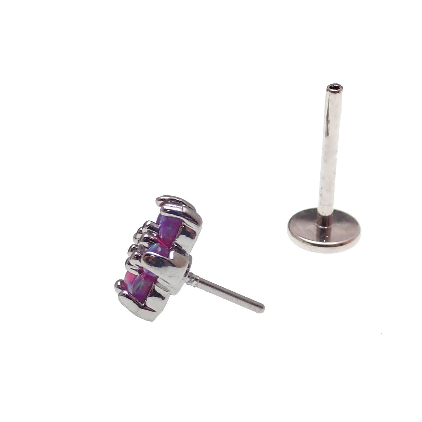 Lavender surgical steel push-fit body jewelry with a 6mm opal flower design by Body Clickers.