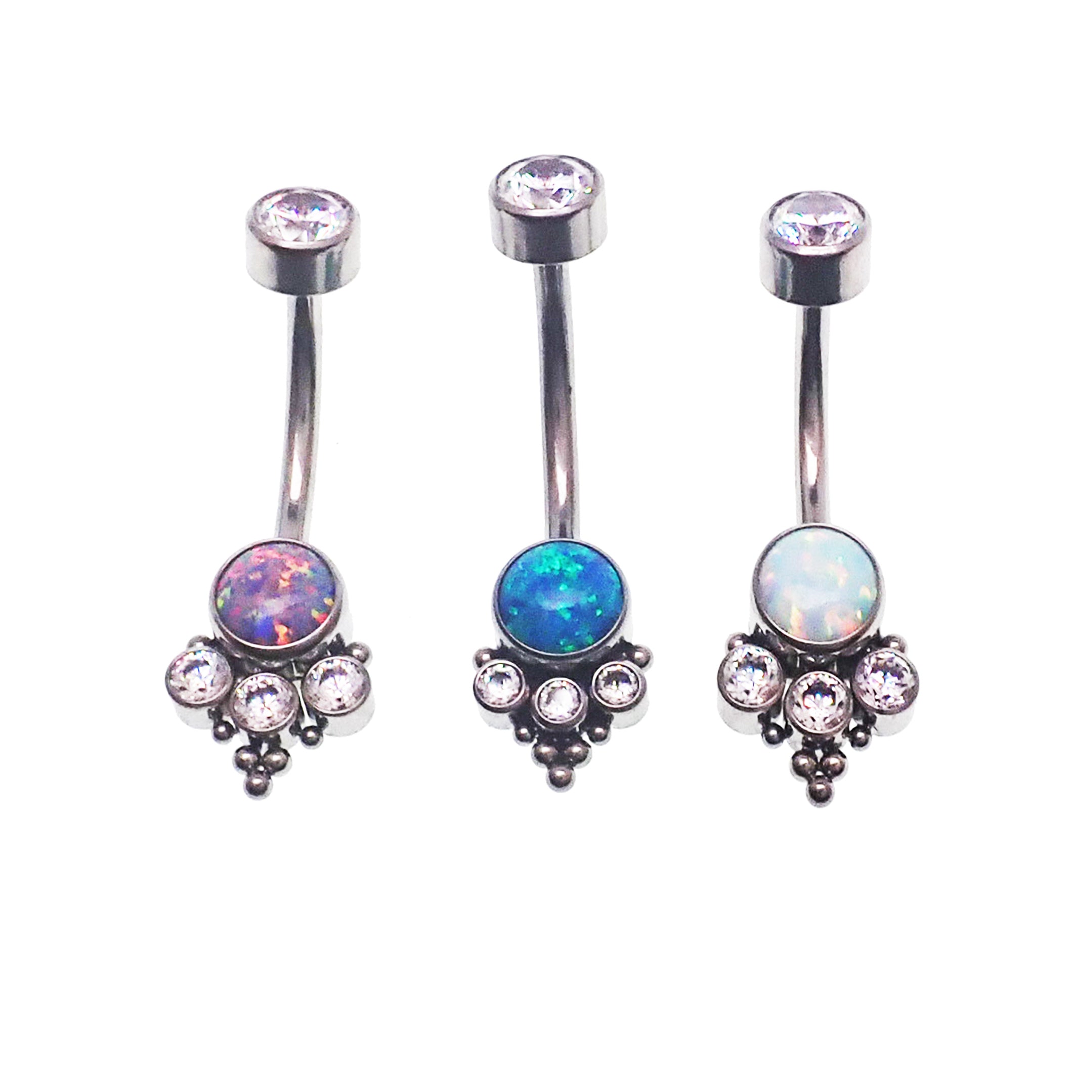 Opal beaded CZ cluster belly ring by Body Clickers, 14g body jewelry with lavender beads and decorative design.