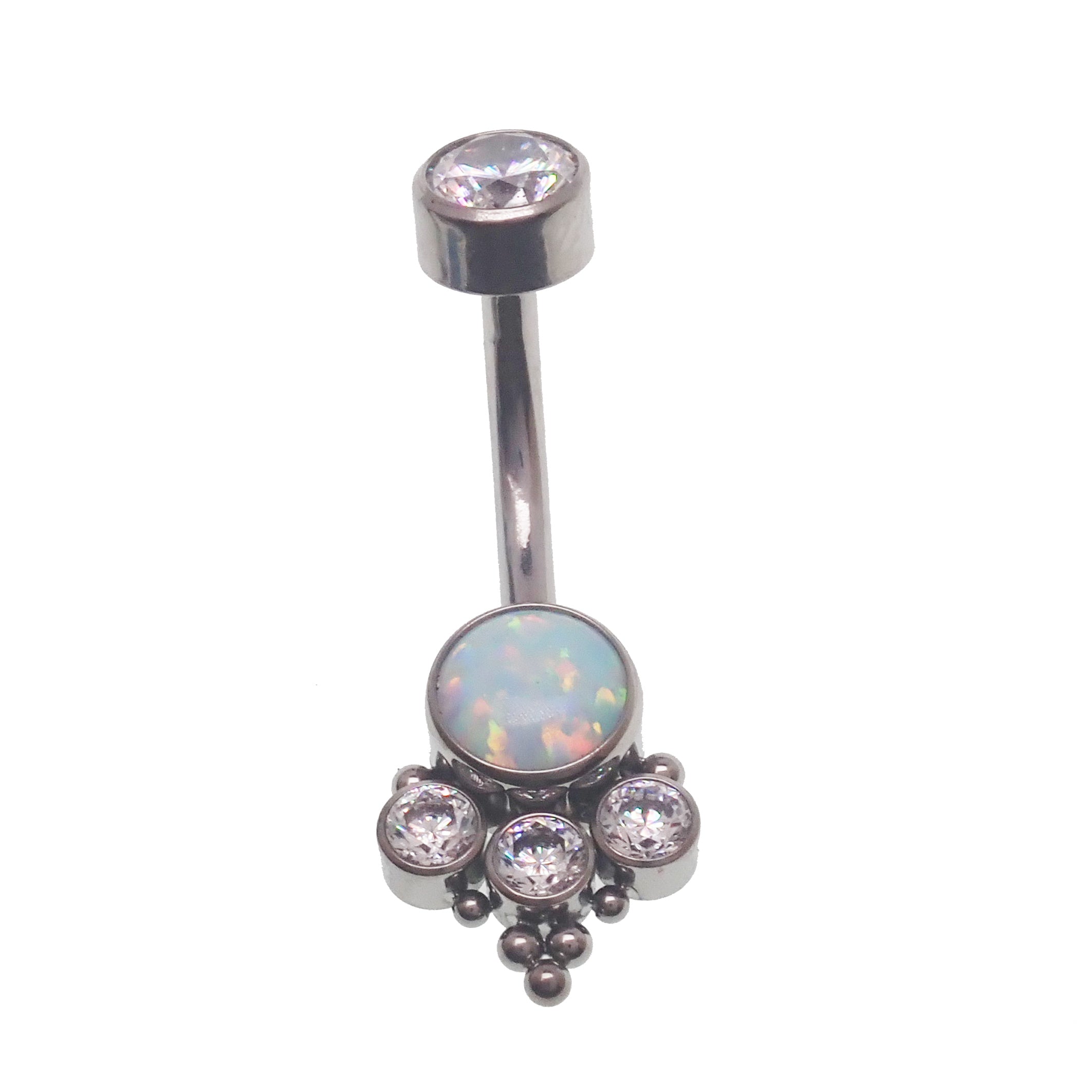 Lavender opal beaded CZ cluster belly ring by Body Clickers, 14g body jewelry with floral design and gemstone accents.