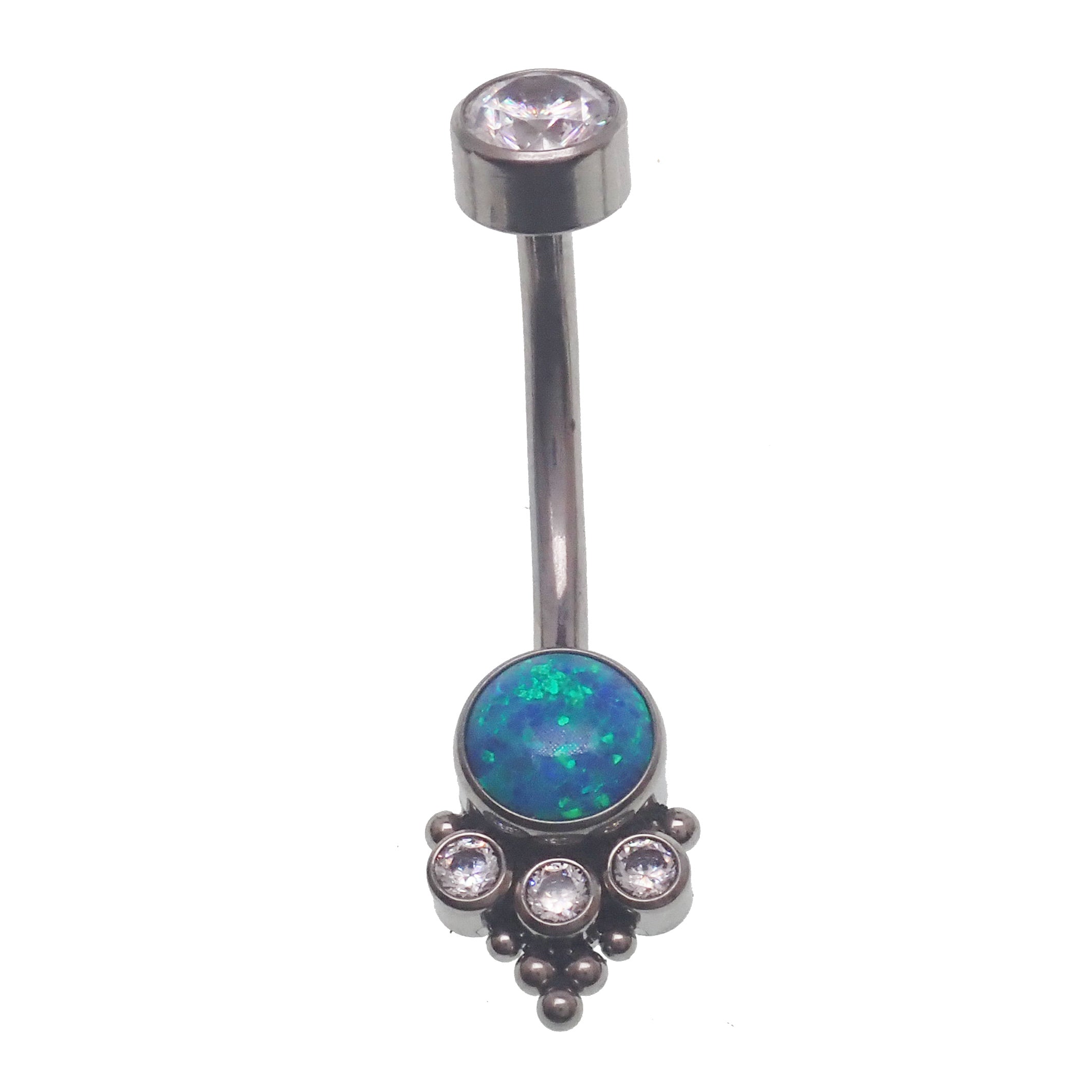 Lavender opal beaded CZ cluster belly ring by Body Clickers, 14g body jewelry with floral design and sparkling accents.