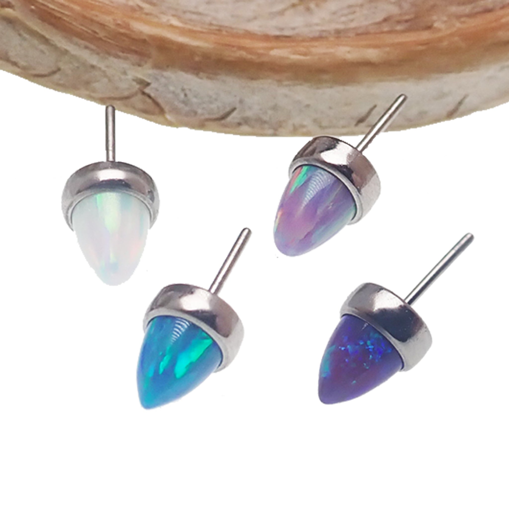 Body Clickers 4mm opal cone push fit top attachment for body jewelry, featuring a shiny opal gemstone and sleek cone design.