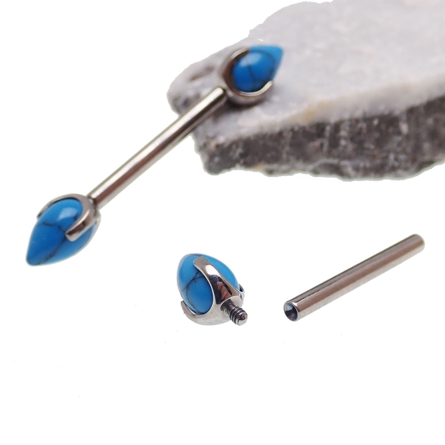 Turquoise bullets implant titanium nipple bars for piercing, 14G, 10mm length, by Body Clickers Body Jewelry.