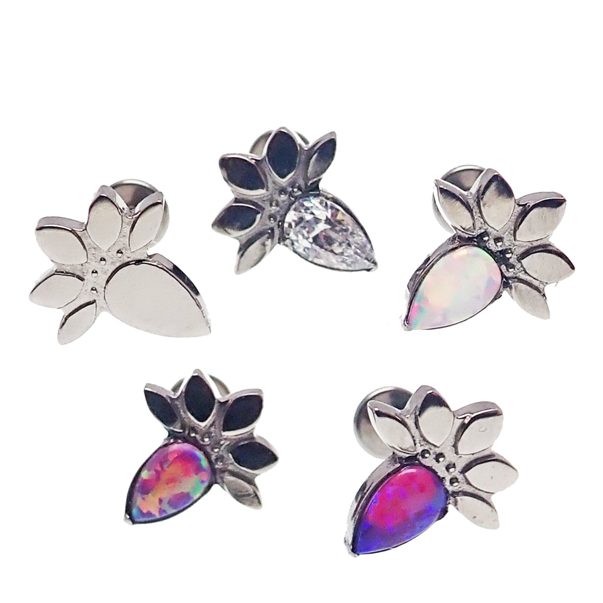 Lotus flower opal push-fit labret body jewelry in 14g to 20g by Body Clickers, featuring a decorative lotus flower and opal gemstone.