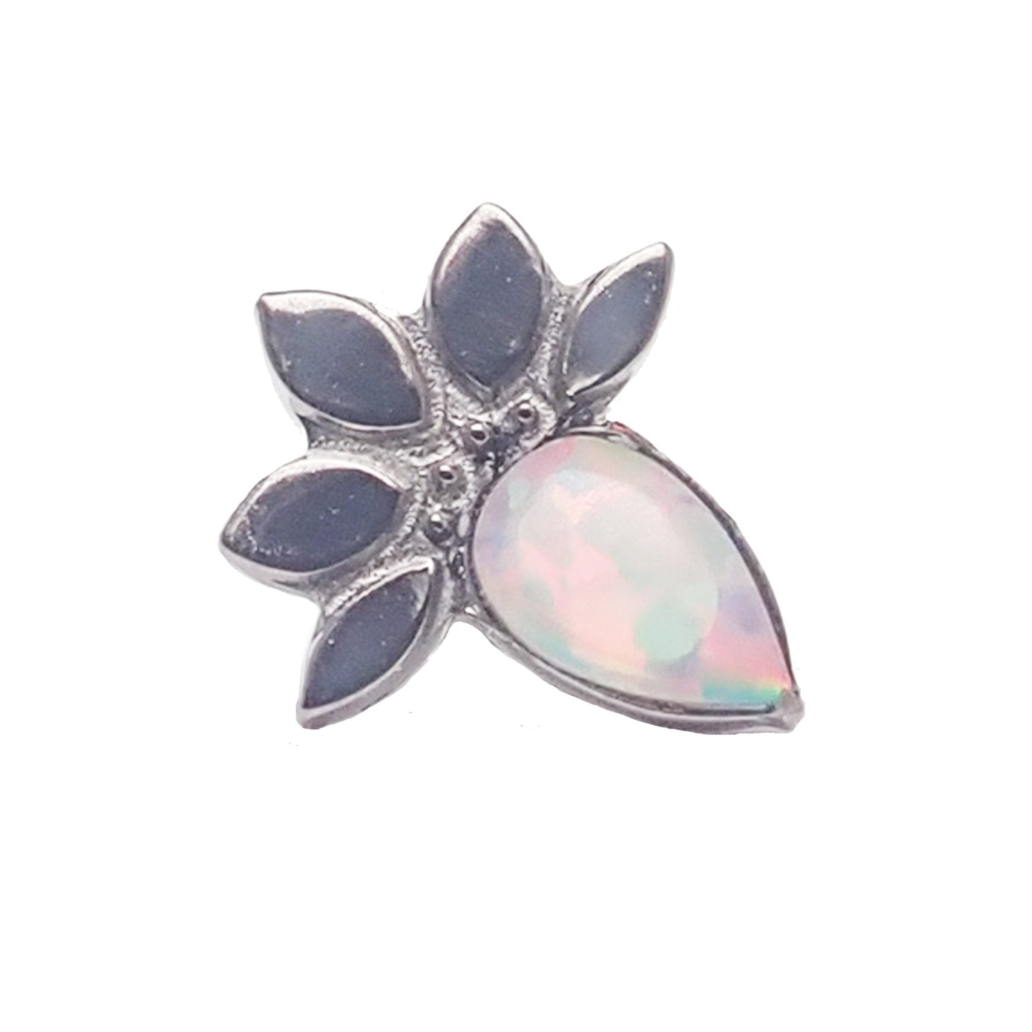 Lotus flower opal push fit labret body jewelry in 14g to 20g, featuring colorful opal and sleek metal design by Body Clickers.