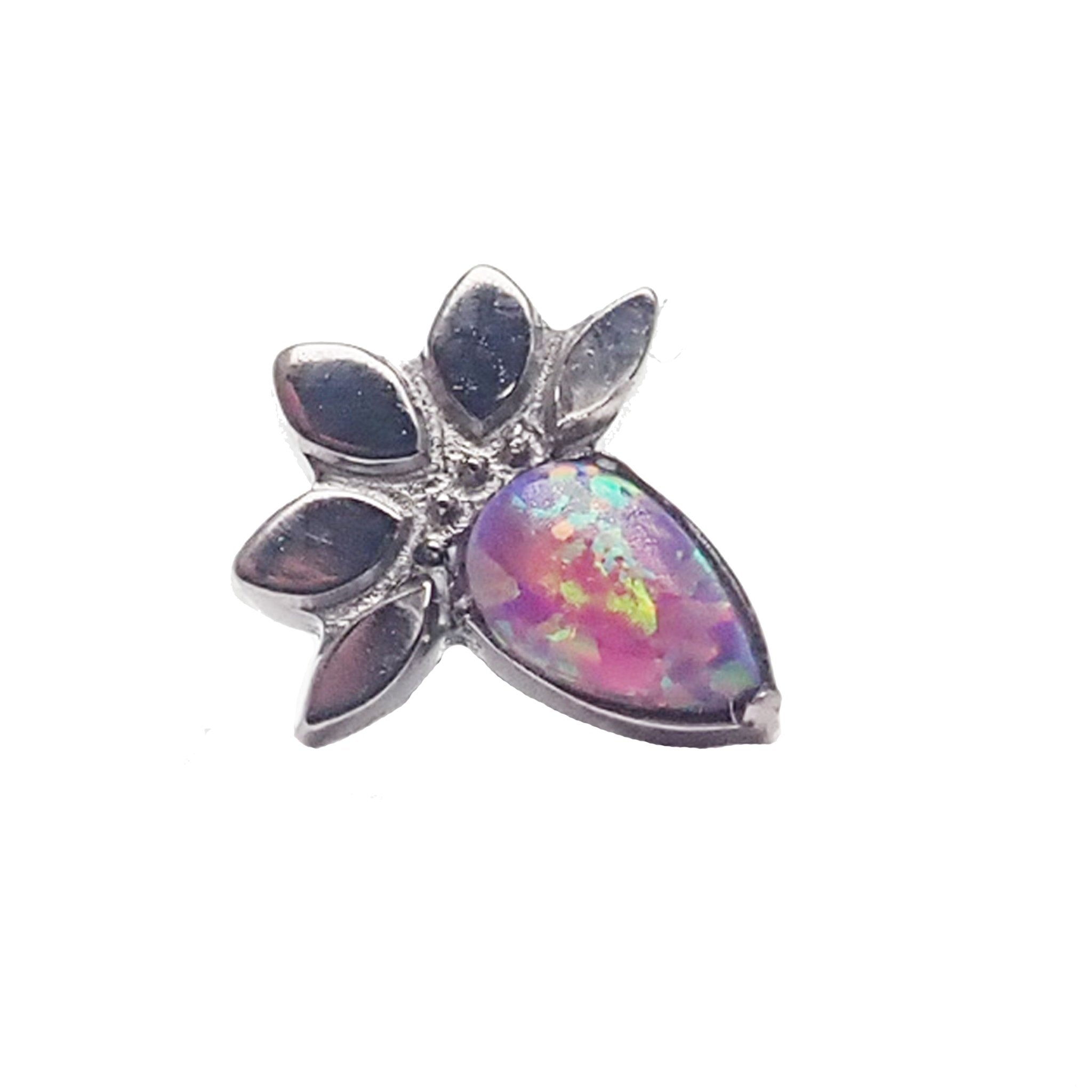 Lotus flower opal push fit labret body jewelry in 14g to 20g, featuring a colorful opal gemstone on a silver-tone body clickers design.
