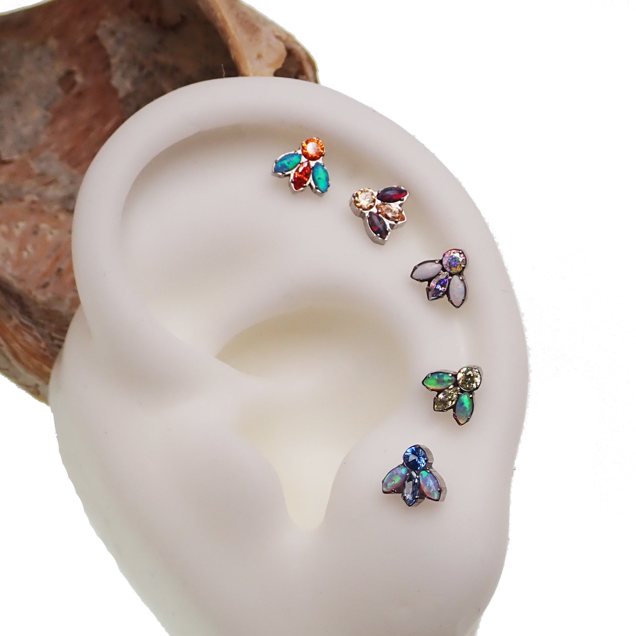 Body Clickers cute bug opal and CZ titanium flatback body jewelry, internally threaded 18g 6mm for body piercing.
