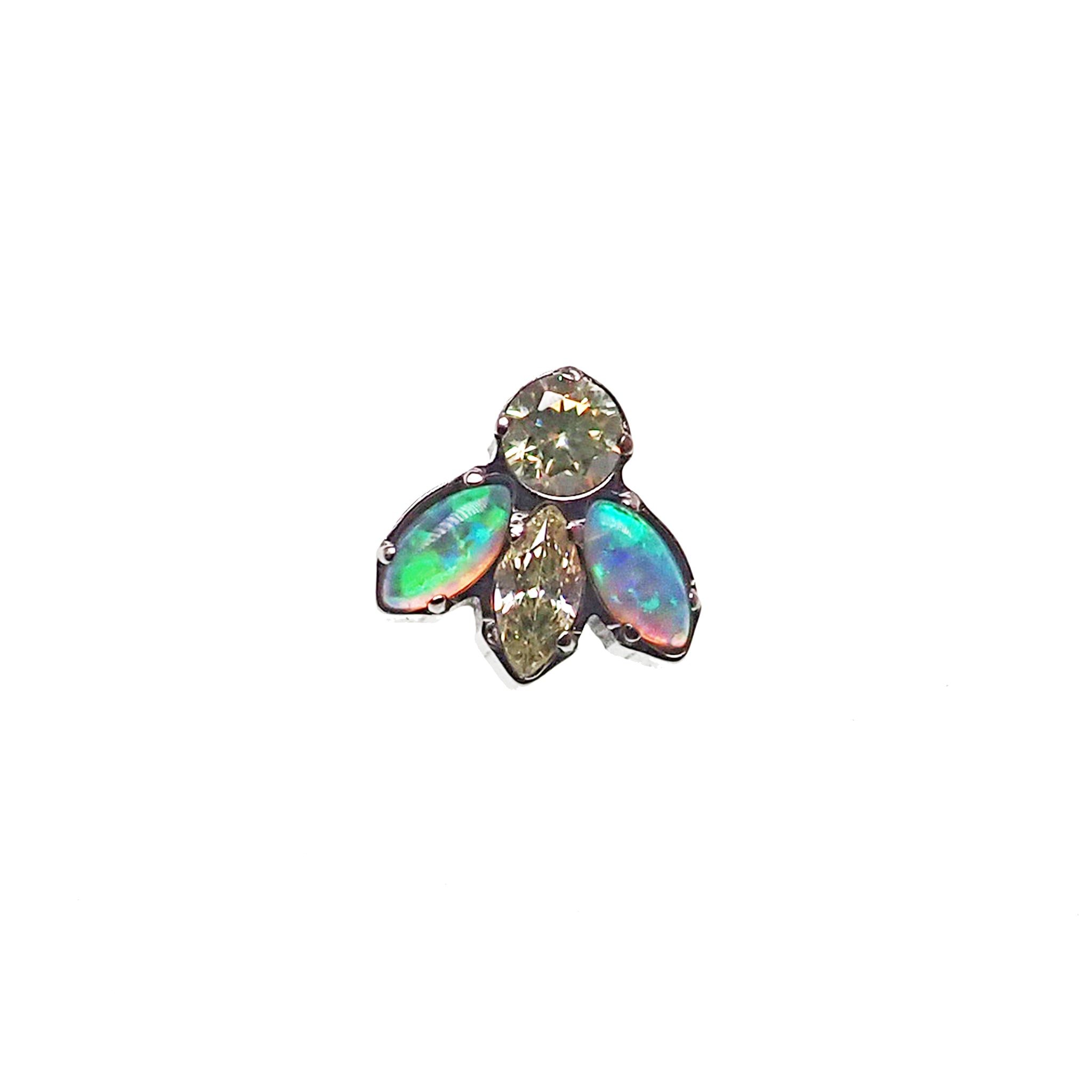 Body Clickers Cute Bug Opal and CZ titanium flatback body jewelry in peach citrine and opalite, 18g, 6mm, internally threaded.