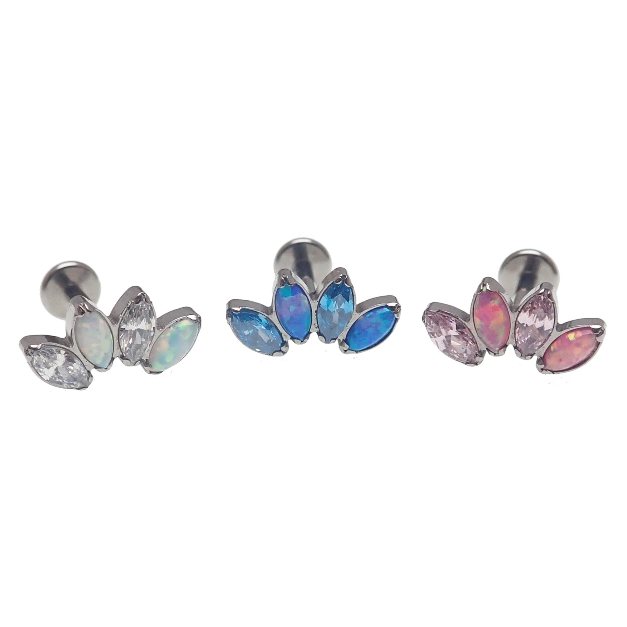 Opal and CZ 4-petal crown flatback labret body jewelry in 14g, 16g, and 18g from Body Clickers, featuring Pacific blue stones.