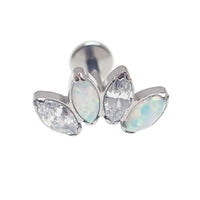 Body Clickers opal and CZ 4-petal crown flatback labret in 14g, 16g, 18g body jewelry with Pacific blue opal and cubic zirconia.