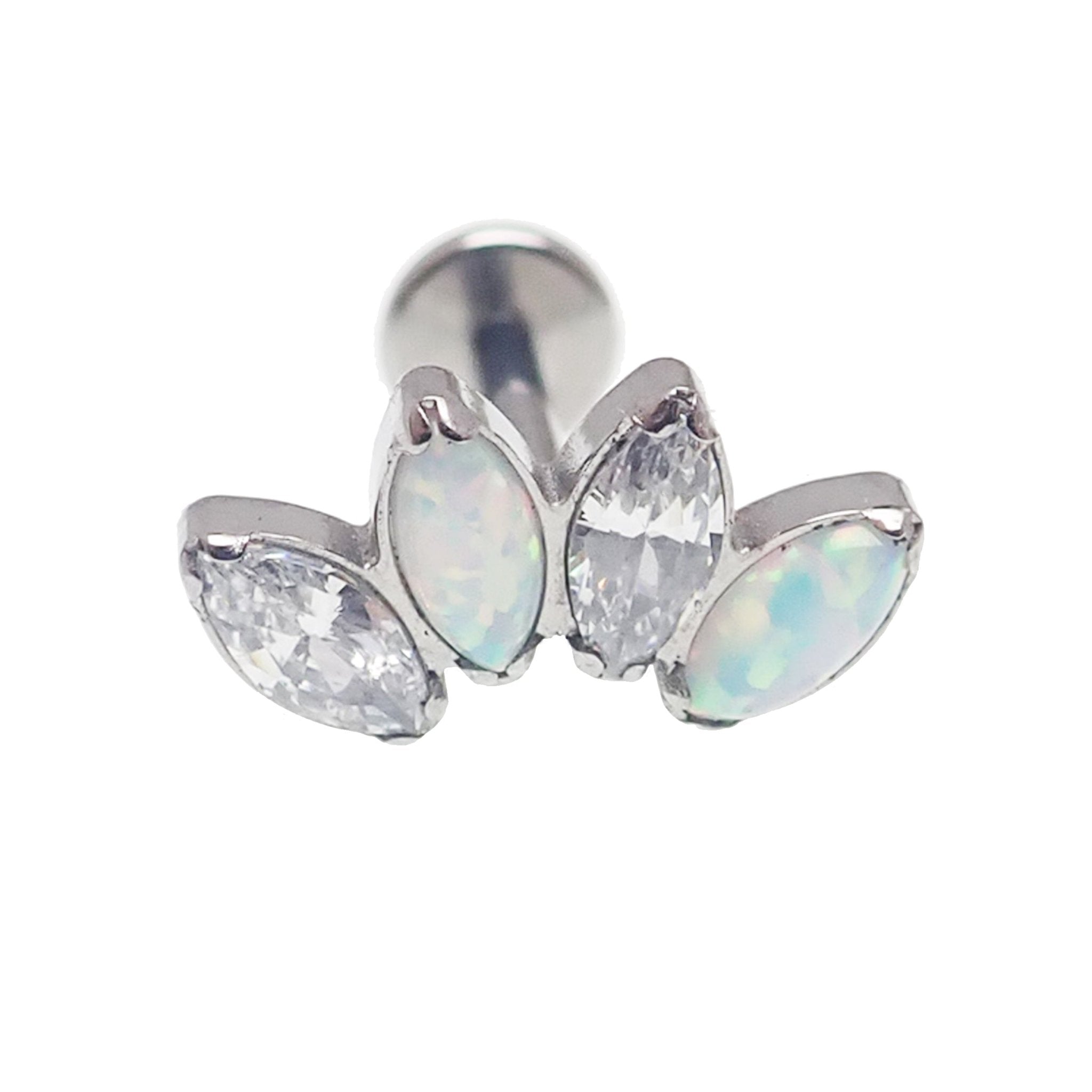 Body Clickers opal and CZ 4-petal crown flatback labret in 14g, 16g, 18g body jewelry with Pacific blue opal and cubic zirconia.