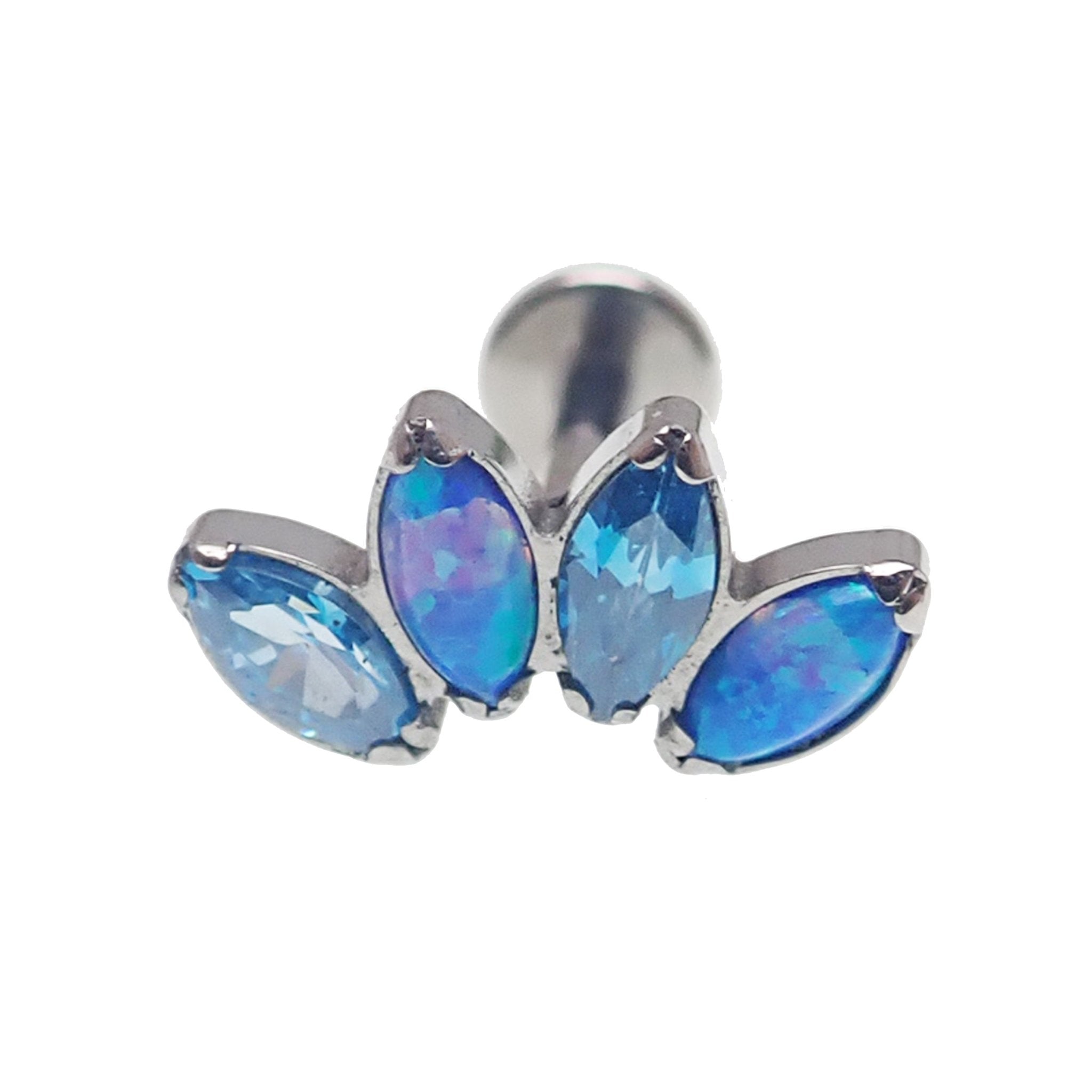 Opal and CZ 4-petal crown flatback labret body jewelry in Pacific blue, available in 14g, 16g, and 18g sizes.